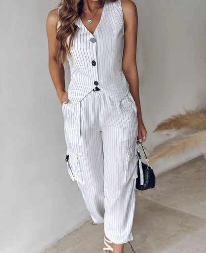 Pants Set - White Striped Vest Suit For Women Summer Casual V-neck Button Top Pocket Loose Pants Outfits Two-piece Suit For Women Elegant