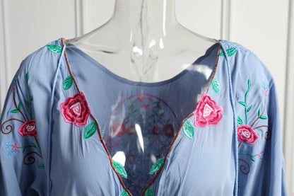 Kaftans - Jastie Embroidered Women Maxi Dress V-Neck Batwing Sleeve Loose Oversize Summer Dresses Drawstring Waist Boho Beach Vestidos