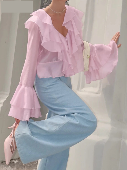 Blouses - Clacive Sexy Loose Pink Women's Shirt 2025 Fashion V-Neck Long Sleeve Shirts Elegant Classic Ruffle Solid Top Female Clothing