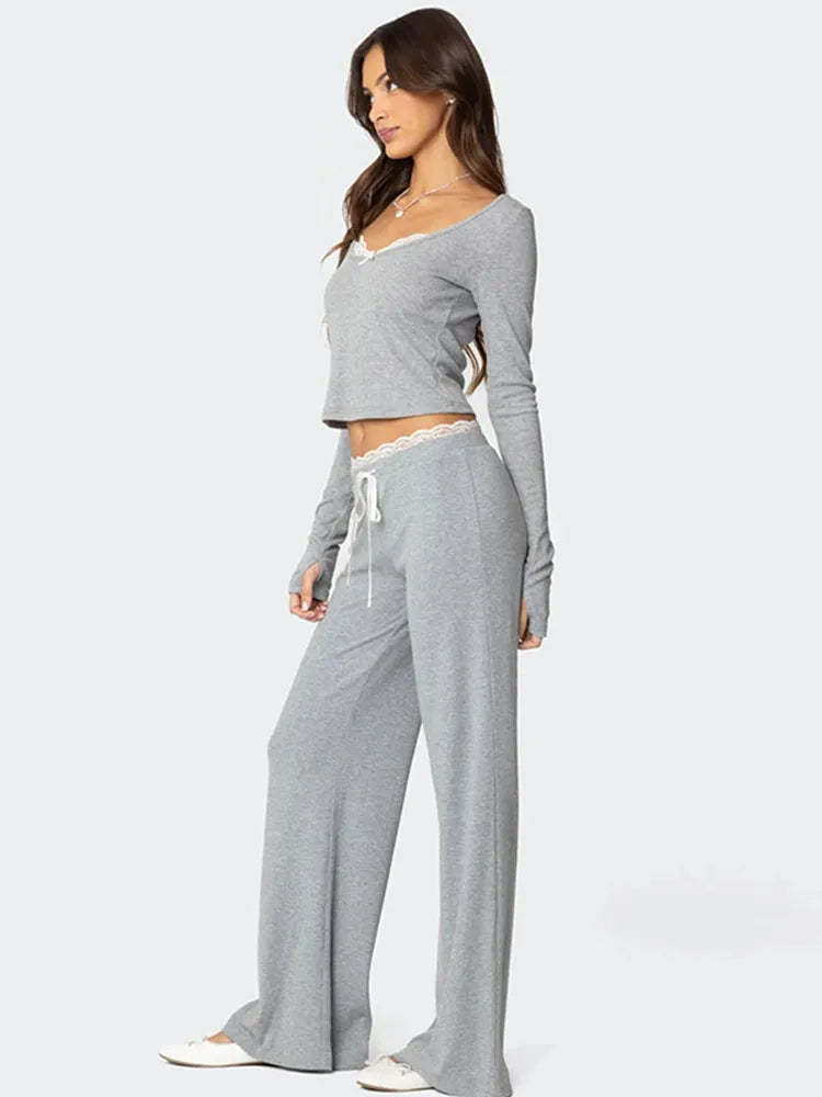 Loungewear - Women Lace Top Pant Suit Casual Bow Lace Up Patchwork Blouse Loose Elastic Waist Trouser Female Sets 2025 Spring Lady Streetwear