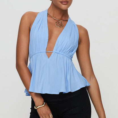 Sleeveless Blouses - Women Halter Neck Crop Tops Sexy Tie-up Sleeveless Backless Tank Tops Solid Color Summer Vest Female Camisoles for Club Party