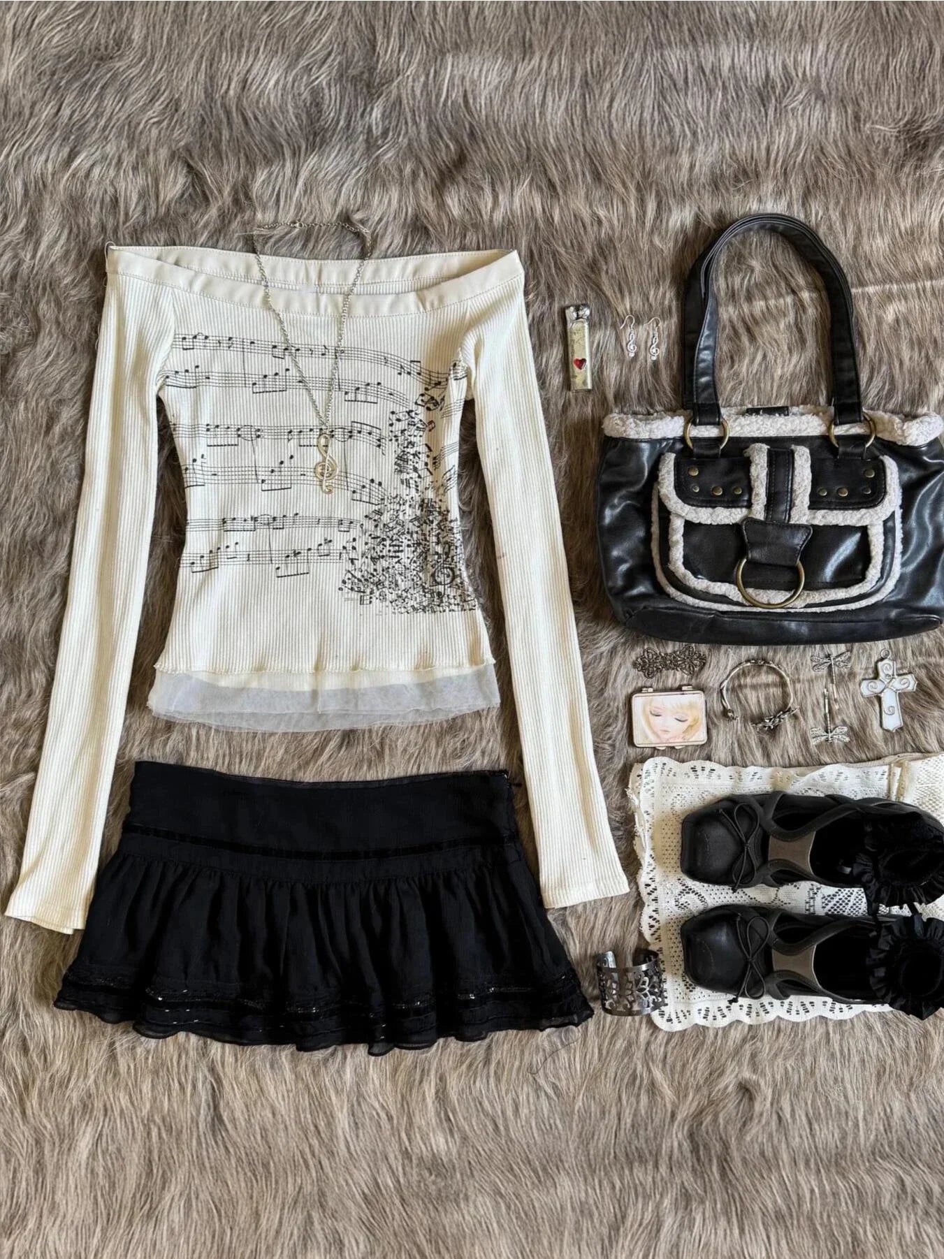 Off Shoulder Tops - Korean 2000s Punk Goth Girls Graphic Tops Off Shoulder Sexy Lace Cotton T Shirts Cute Music Pattern Y2K Sweet Women Crop Tops