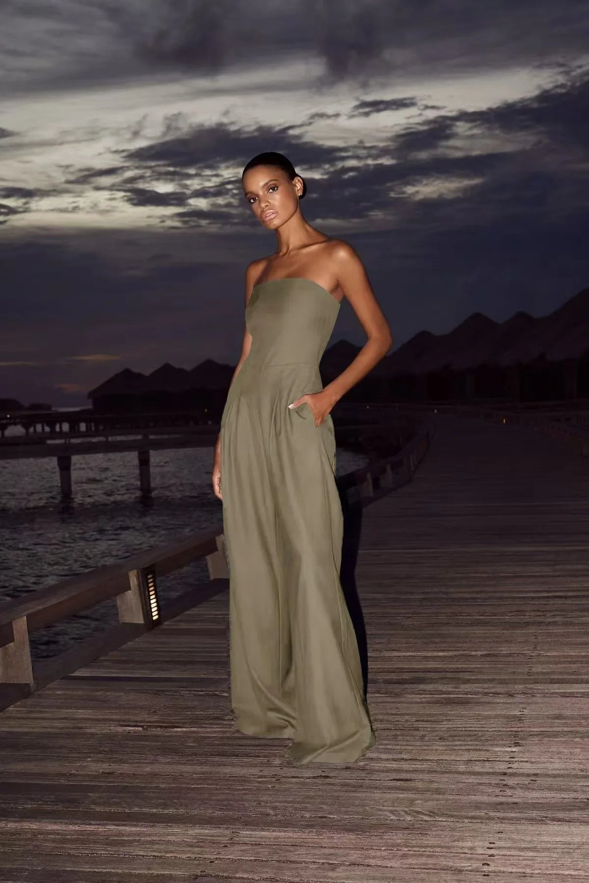 Pantsuits - Summer Women's Jumpsuit Fashion Strapless Solid Color Sleeveless Loose Wide Legs Pants Casua Romper High Streetwear Female Cloth