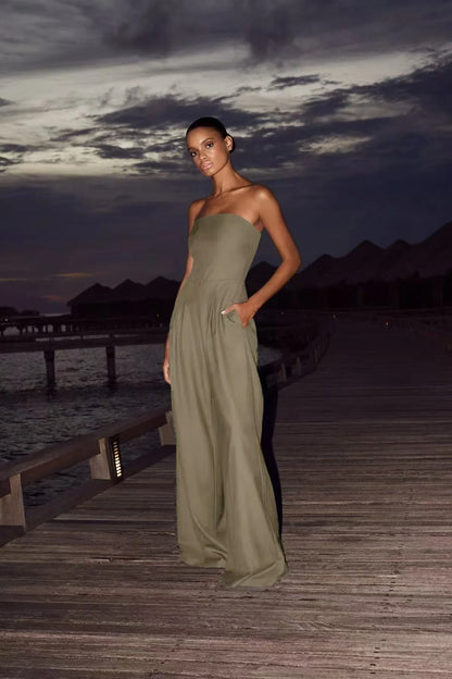 Pantsuits - Summer Women's Jumpsuit Fashion Strapless Solid Color Sleeveless Loose Wide Legs Pants Casua Romper High Streetwear Female Cloth