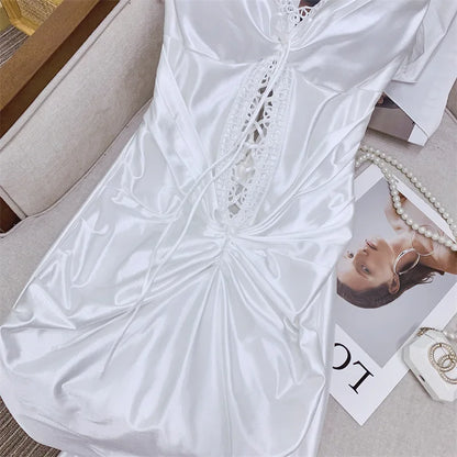 Elegant Dresses - Solid Color White Lace Up Backless Women's Dresses Retro Roman Mythology Knitted Pearl Elastic Fishbone Dress 2025