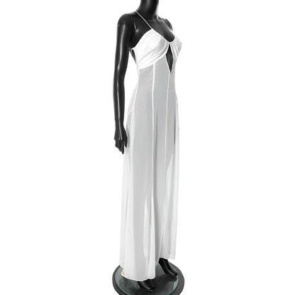 See-through Dresses - Transparent Mesh Summer Beach Dress White Black Sexy Vacation Outfits Backless Maxi Long Dresses Woman 2025 C85-DD19