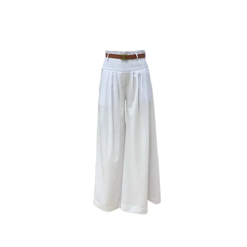 Wide-Leg Pants - Women Casual High Street Trousers with Belt Spring Summer High Waist Solid Color Fashion Pockets Loose Wide Leg Pants