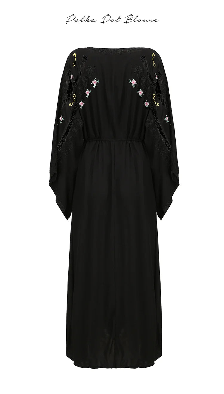 Kaftans - Jastie Embroidered Women Maxi Dress V-Neck Batwing Sleeve Loose Oversize Summer Dresses Drawstring Waist Boho Beach Vestidos