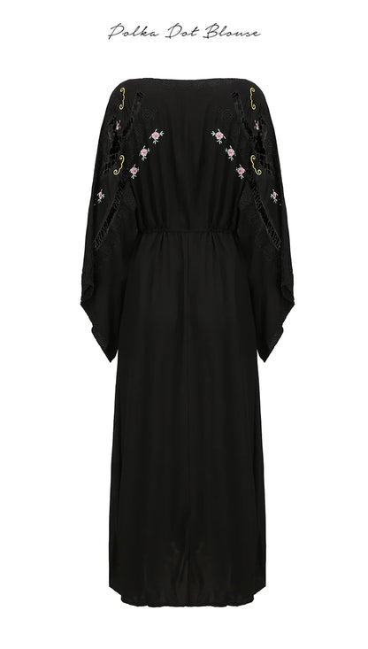 Kaftans - Jastie Embroidered Women Maxi Dress V-Neck Batwing Sleeve Loose Oversize Summer Dresses Drawstring Waist Boho Beach Vestidos