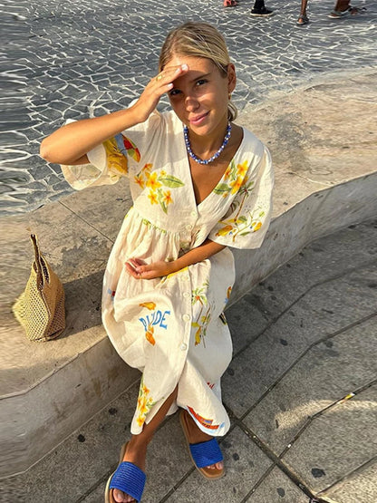 Midi Dresses - Print Dress Women V Neck Single Breasted Loose Half Sleeves Robe Female Casual Fashion Oversize High Waist Cotton Dresses Lady
