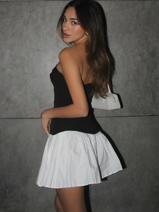 Mini Dresses - Black White Patchwork Dress Women Chest Wrap Backless Ruffles 2025 Y2K Sweet Girl Trend Chic Streetwear Mini Bodycon