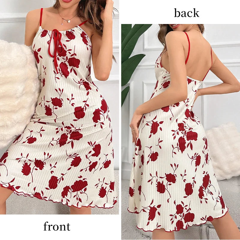 Loungewear - Women's Printed Knitted Ribbed Nightgown Women's Long Casual Backless Ice Silk Printed Sleeveless Suspender Sexy Nightgown