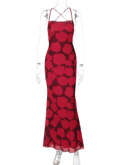 Elegant Dresses - Spaghetti Strap Print Sexy Maxi Dress For Women Gown Summer New Sleeveless Backless High Waist Club Long Dress Elegant