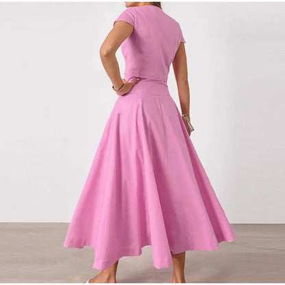 Skirt set - Women Vest Skirt Suit Solid O-neck Single Breasted Short Sleeve Short Top Button Wide Leg Skirts Female Summer Lady Beach Wears