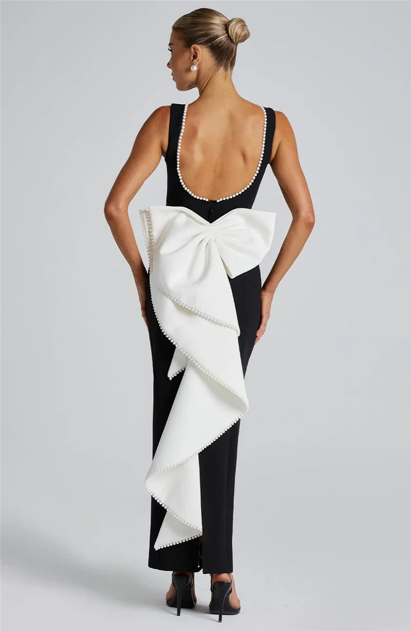 Elegant Dresses - Elegant Pearl Bow Backless Sexy Maxi Dress Women Gown Fashion Sleeveless High Waist A-line Club Party Long Dress