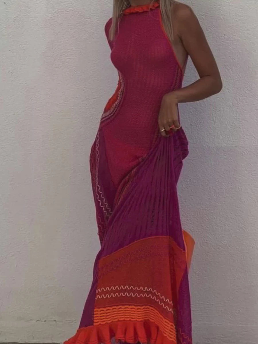 Beach Dresses - Contrast Color Hollow-Out Knit Beach Long Dress 2023 Summer See-Through One-Shoulder Long Sleeve Halter Tie-up Cover-Ups Dress