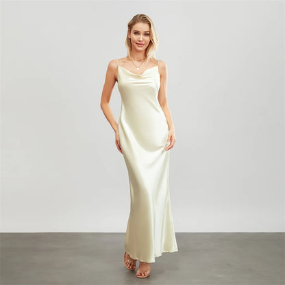 Satin Dresses - Backless Spaghetti Straps Party Long Dresses 2024 New Evening Gown Satin Vestidos Women's Cowl Neck Slip Wrap Dress