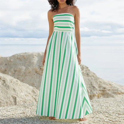 Strapless Dresses - Tube Dress for Women y2k Summer Striped Print Off Shoulder Strapless Sleeveless A Line Long Dress Beach Party Dresses