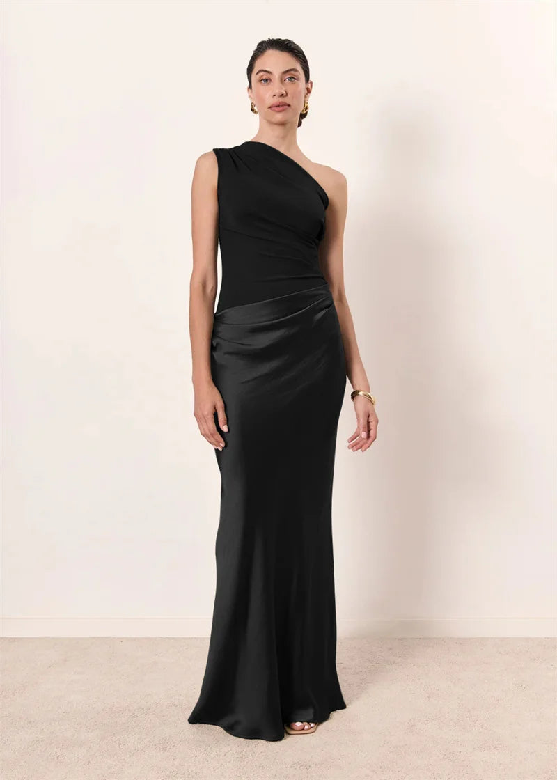 Elegant Dresses - Satin Inclined Shoulder Sexy Maxi Dress Women Fashion Patchwork Sleeveless Backless Bodycon Evening Club Party Dress