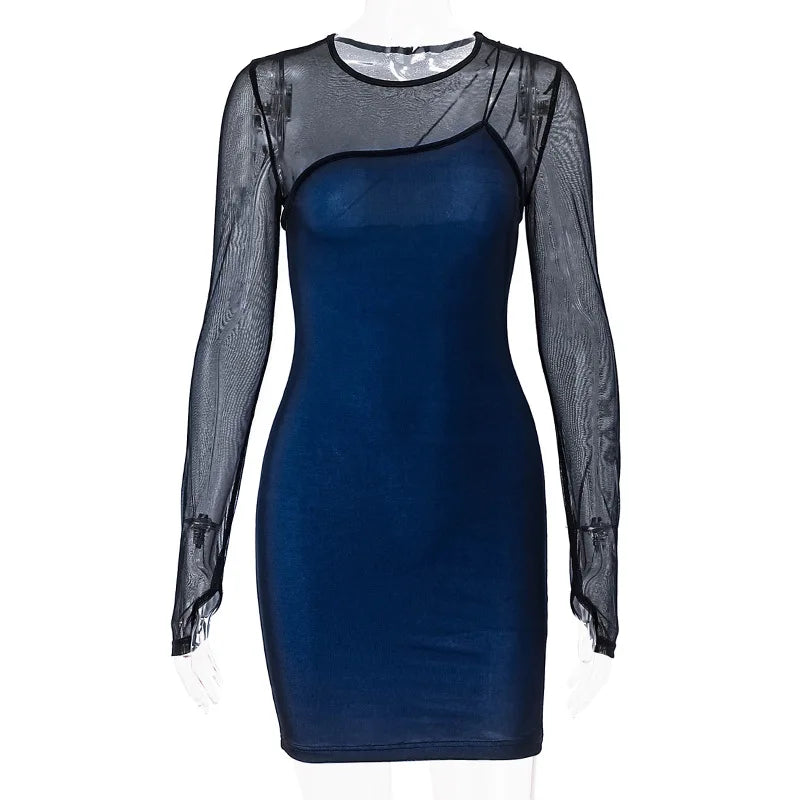 Vintage Mesh Sheer Long Sleeve Sexy Mini Dress Party Elegant Fashion Club Outfits for Women Spring Bodycon Dresses
