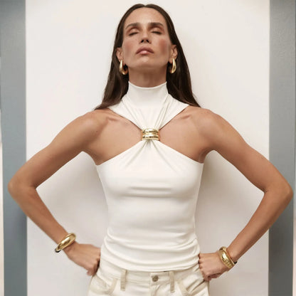 Halter Tops - Turtleneck Basic Knit Tank Tops Women Vest Pullovers Metal Ring Camisole Sleeveless Skinny Knitted Tops Y2K Cropped Top