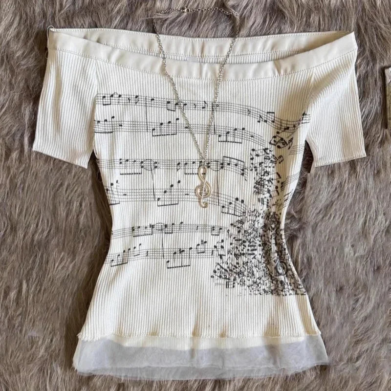 Off Shoulder Tops - Korean 2000s Punk Goth Girls Graphic Tops Off Shoulder Sexy Lace Cotton T Shirts Cute Music Pattern Y2K Sweet Women Crop Tops