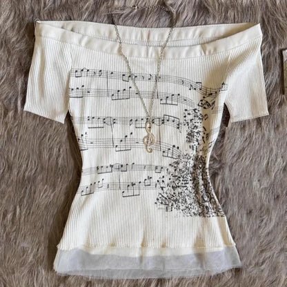 Off Shoulder Tops - Korean 2000s Punk Goth Girls Graphic Tops Off Shoulder Sexy Lace Cotton T Shirts Cute Music Pattern Y2K Sweet Women Crop Tops