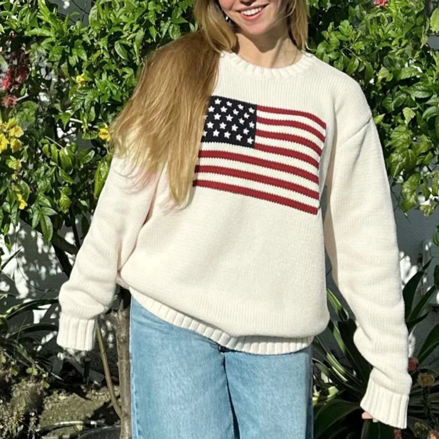 Sweaters - Puloru Women's Loose Fit Sweaters Fall Winter Casual Stars Stripe Flag Print Round Neck Long Sleeve Pullovers Knitted Jumpers