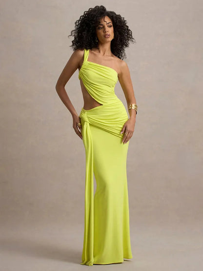 Elegant Dresses - Sexy Sleeveless Hollow Out Irregular Side Ribbon Pleated Long Dress For Women High Waist Elegant Sexy Club Party Dress