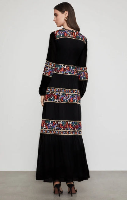 Kaftans - Jastie Embroidered Women Maxi Dress V-Neck Batwing Sleeve Loose Oversize Summer Dresses Drawstring Waist Boho Beach Vestidos