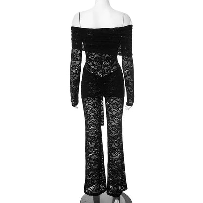 Jumpsuits - Mozision Lace See Through Long Sleeve Sexy Jumpsuit Women Fashion Lace Off-shoulder Bodycon High Waist Club Party Jumpsuits