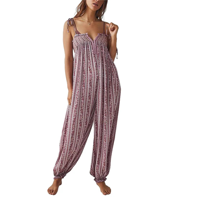 Jumpsuits - Women Summer Cami Jumpsuits Retro Floral Print Tie-Up Spaghetti Strap Sleeveless Long Rompers Fashion Loose Playsuits
