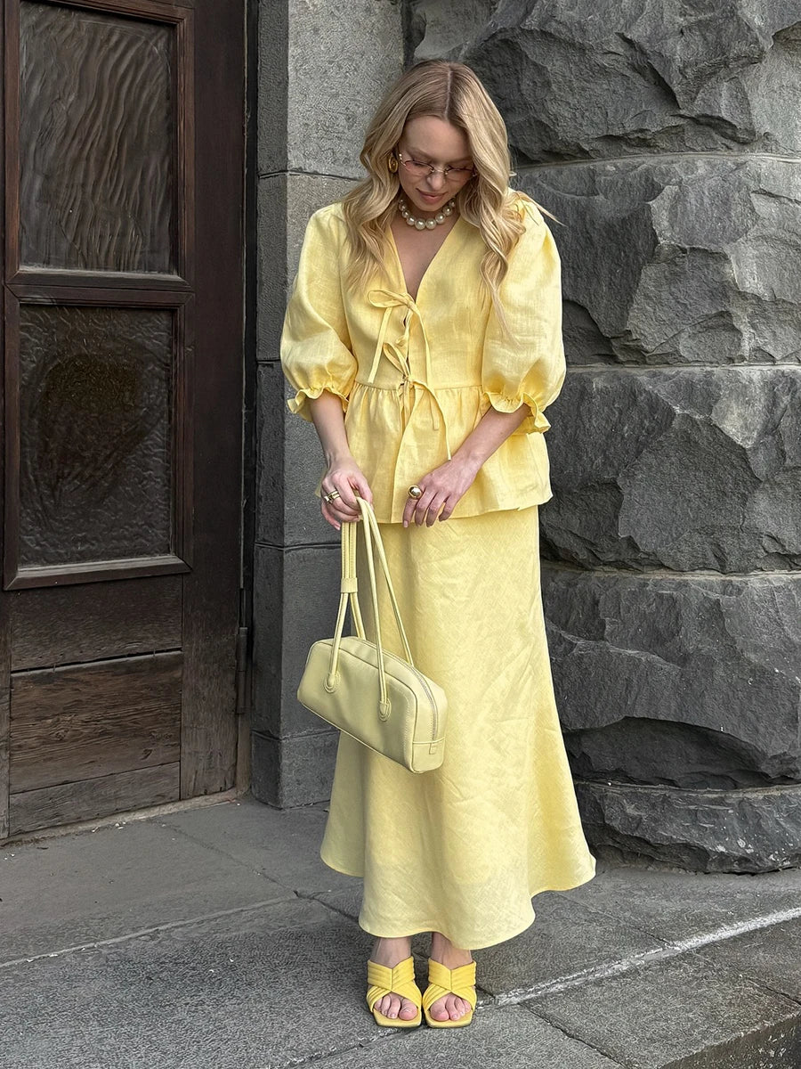Matching Sets - Bornladies 2025 Summer Women's 100% Cotton V-Neck Lace-Up Bubble Sleeve Shirt Long Skirt Set Loose Casual Two-Piece Suit