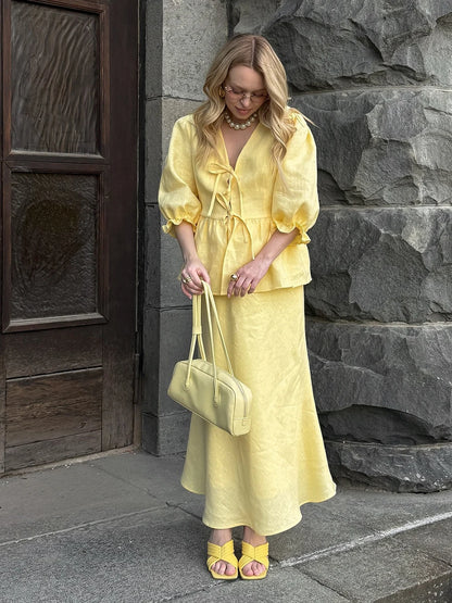 Matching Sets - Bornladies 2025 Summer Women's 100% Cotton V-Neck Lace-Up Bubble Sleeve Shirt Long Skirt Set Loose Casual Two-Piece Suit