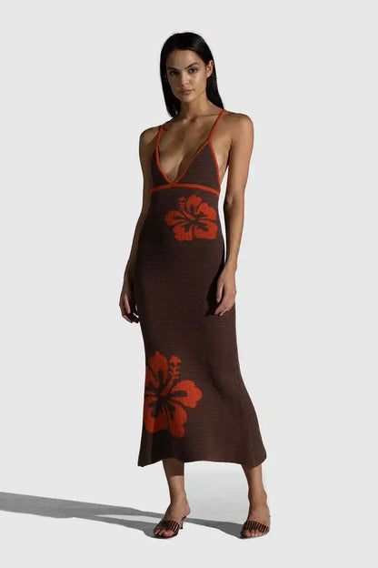 Vacation Dresses - 2024 Summer New Knitted Halterneck with Suspenders V-neck Sexy Backless Fashion Flower Print Slim Dress