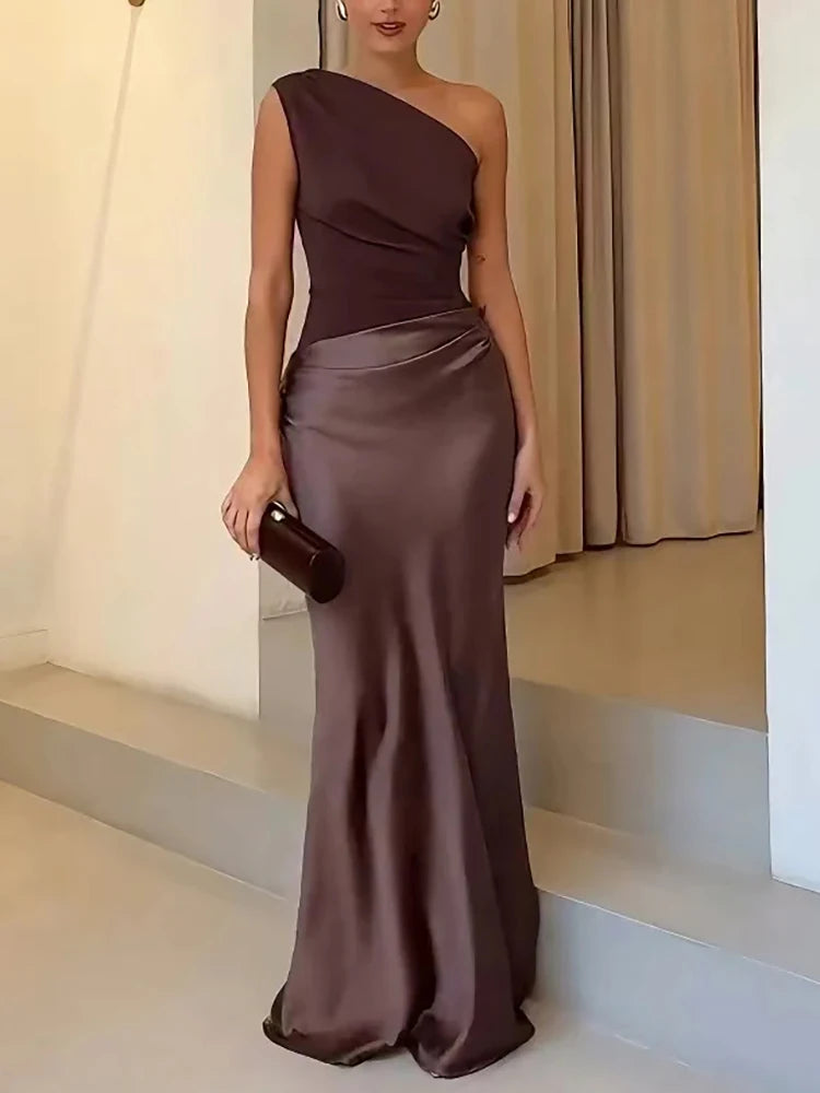 Elegant Dresses - Satin Inclined Shoulder Sexy Maxi Dress Women Fashion Patchwork Sleeveless Backless Bodycon Evening Club Party Dress