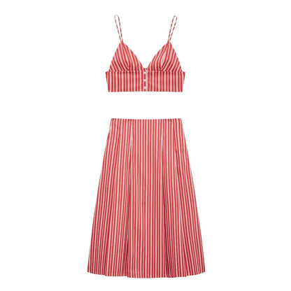 Skirts set - Sexy Club Chic Striped Women Suit Crew Neck Sleeveless Top Loose Long Straight Skirt Fashion 2025 Spring Summer Set