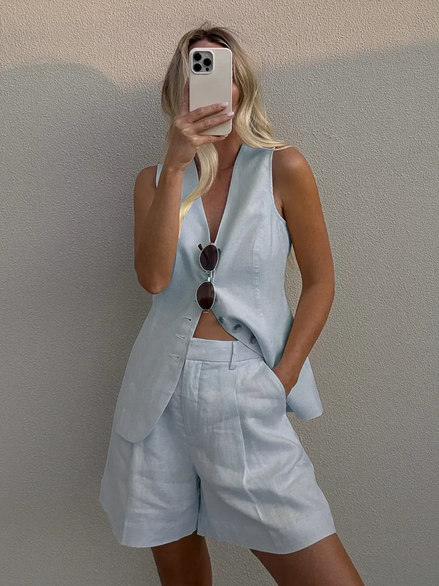 Shorts Sets - Cotton And linen Chic Casual Vest Shorts Set Women's Summer New Fashion Commuter Sleeveless Tank Top Shorts Suits