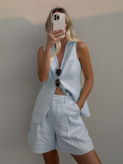 Shorts Sets - Cotton And linen Chic Casual Vest Shorts Set Women's Summer New Fashion Commuter Sleeveless Tank Top Shorts Suits