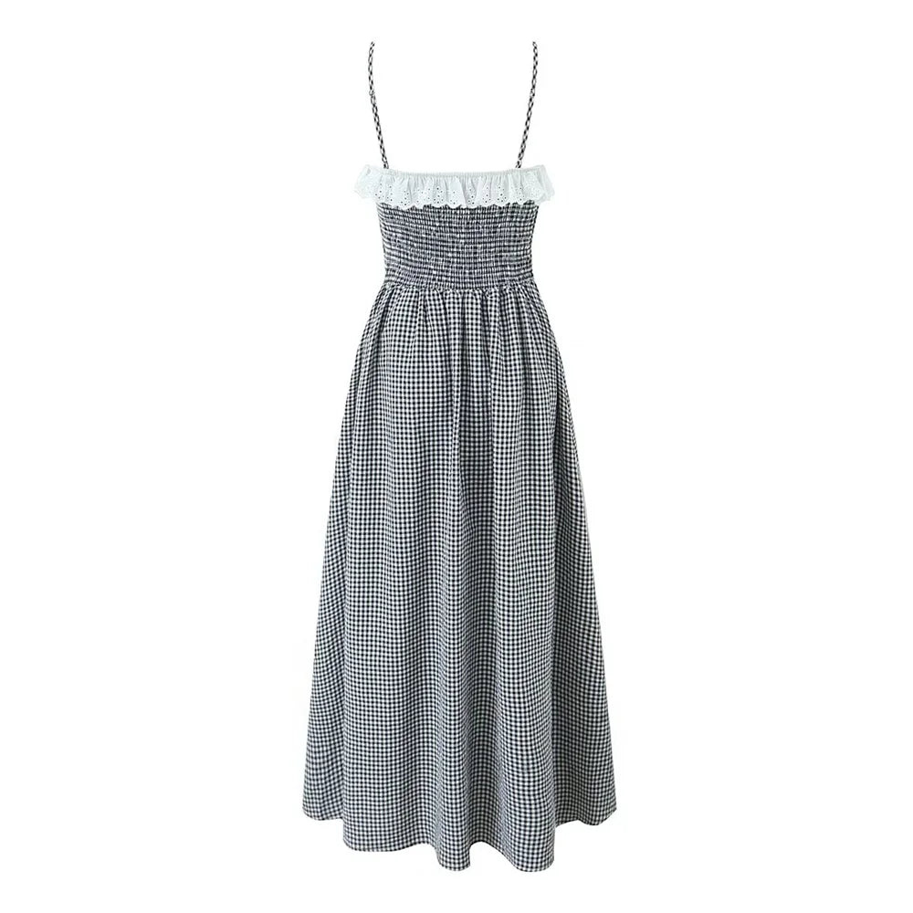 Plaid Dresses - Summer New Women's Dress Style French Lace Plaid Wrapped Chest Dress Shoulder Straps Detachable