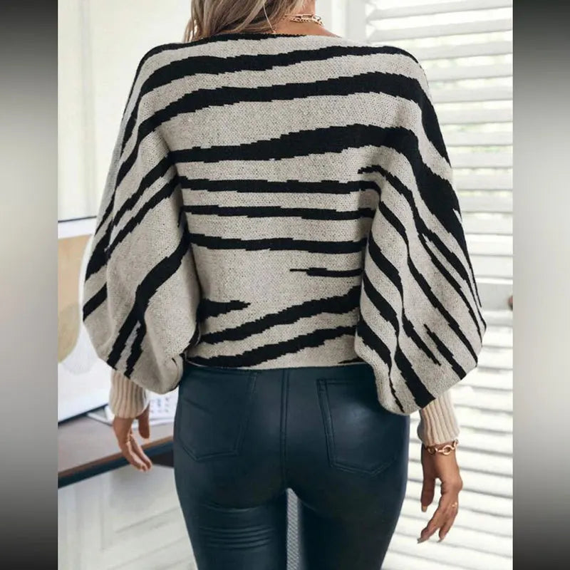 Knit Sweaters - Fall Winter 2025 Women Sweater Loose Style Slash Collar Batwing Sleeve Zebra Color Block Pullover Jumper Knitwear Jacket 59904