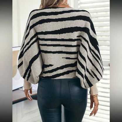 Knit Sweaters - Fall Winter 2025 Women Sweater Loose Style Slash Collar Batwing Sleeve Zebra Color Block Pullover Jumper Knitwear Jacket 59904
