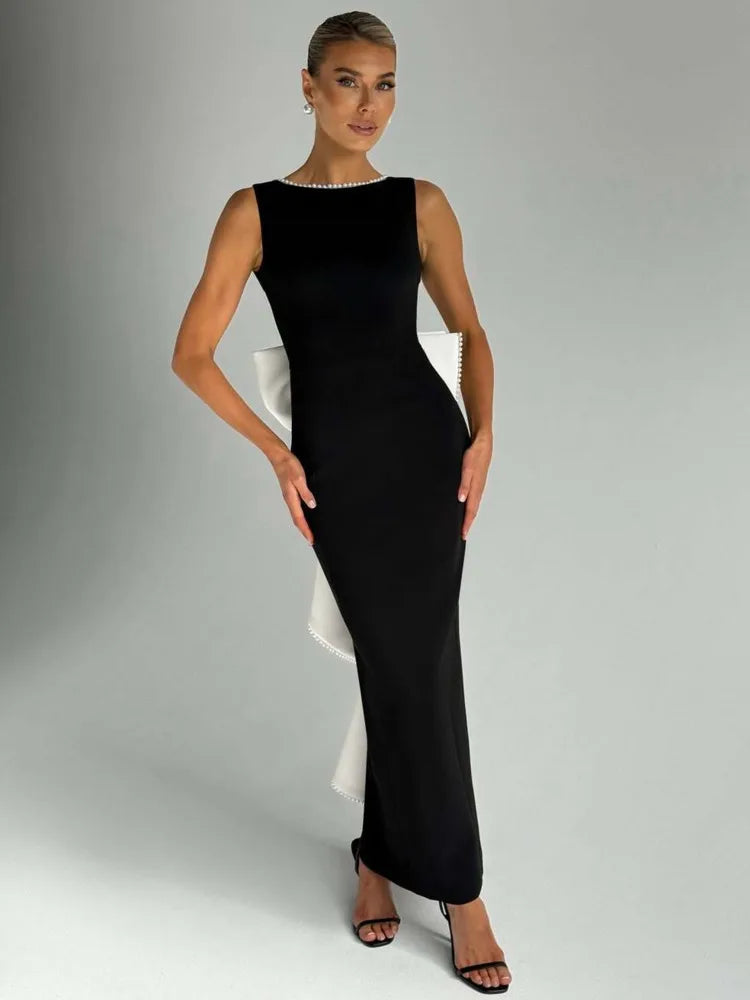 Elegant Dresses - Elegant Pearl Bow Backless Sexy Maxi Dress Women Gown Fashion Sleeveless High Waist A-line Club Party Long Dress