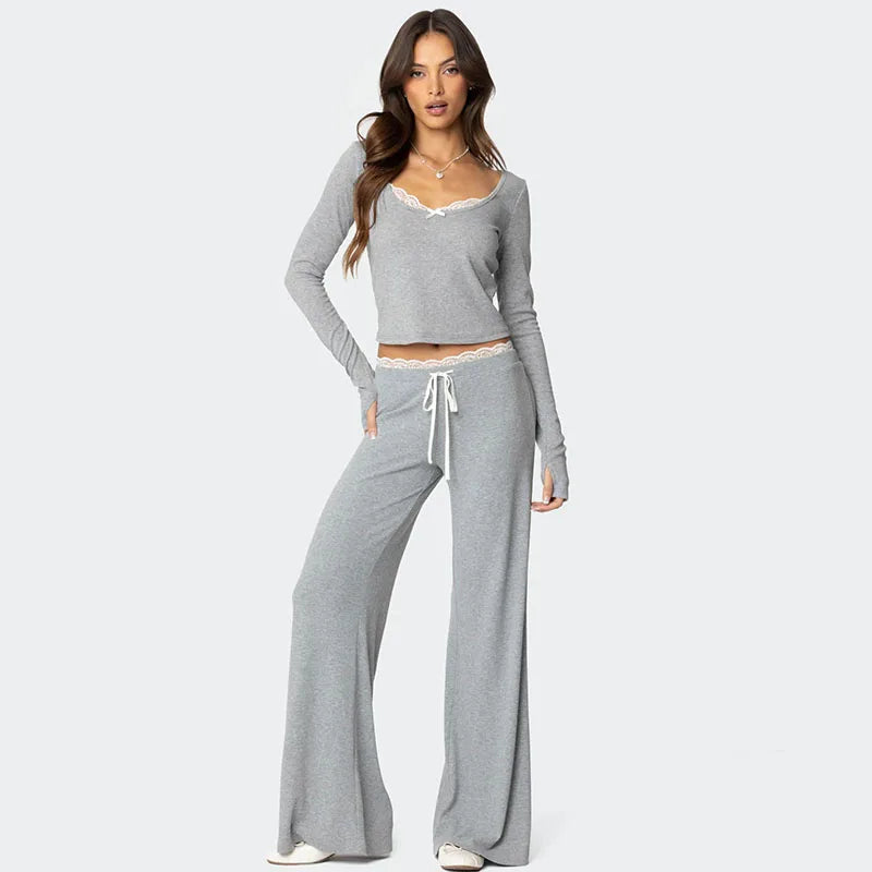 Loungewear - Women Lace Top Pant Suit Casual Bow Lace Up Patchwork Blouse Loose Elastic Waist Trouser Female Sets 2025 Spring Lady Streetwear
