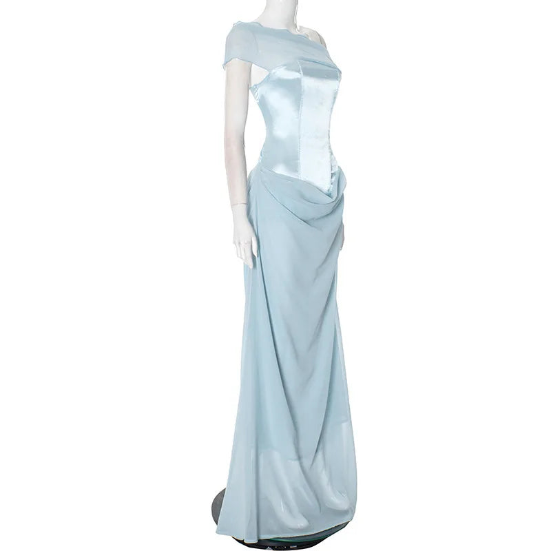 Elegant Dresses - Patchwork Sexy Diagonal Collar Women Maxi Dress Backless High Wasit Dress Spring New Elegant Party Evening Dress 2025