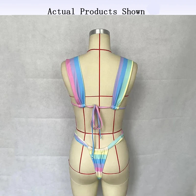 Swimwear - BEACHCICI Women's Bikini Set Sexy Sweet High Waist Rainbow Stripe Tie Up Pleated Holiday Backless Beach Two Piece Swimsuit