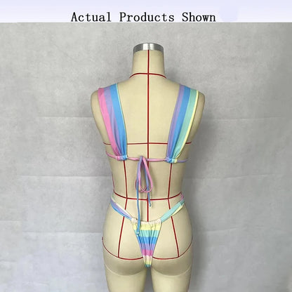 Swimwear - BEACHCICI Women's Bikini Set Sexy Sweet High Waist Rainbow Stripe Tie Up Pleated Holiday Backless Beach Two Piece Swimsuit