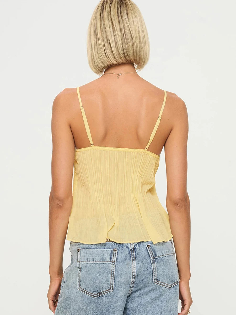 Cami Tops - Women's Y2K Pleated Babydoll Camisoles Front Mini Bow Decor Adjustable Spaghetti Straps Lace V-Neck Ruffled Hem Tops