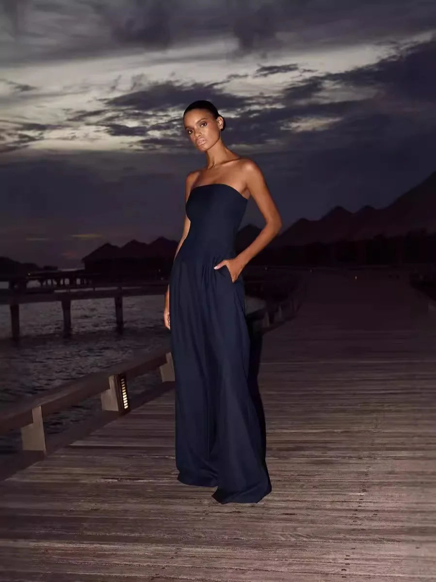 Pantsuits - Summer Women's Jumpsuit Fashion Strapless Solid Color Sleeveless Loose Wide Legs Pants Casua Romper High Streetwear Female Cloth