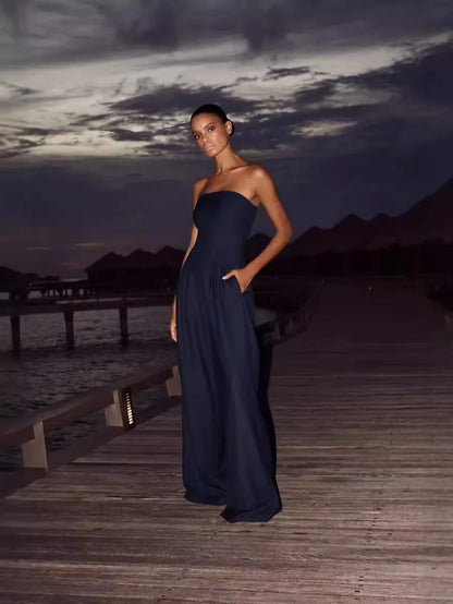 Pantsuits - Summer Women's Jumpsuit Fashion Strapless Solid Color Sleeveless Loose Wide Legs Pants Casua Romper High Streetwear Female Cloth